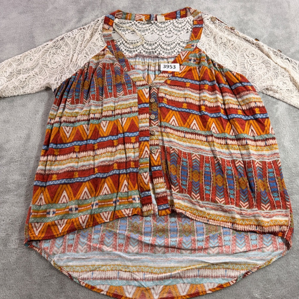 BKE Top Women Large Orange Southwestern Lace Sleeve Button High Low Boho